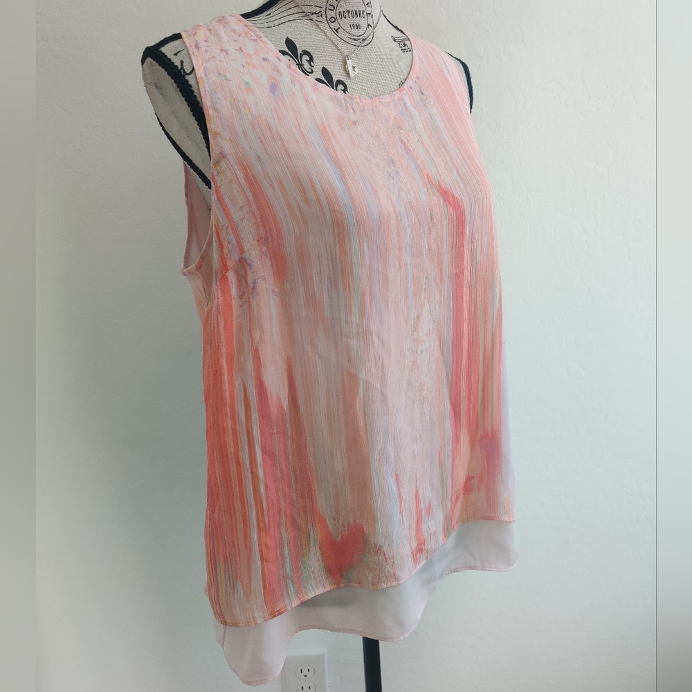 Apt 9 Pink & White Flowy pastel watercolor striped Sleeveless blouse_Large